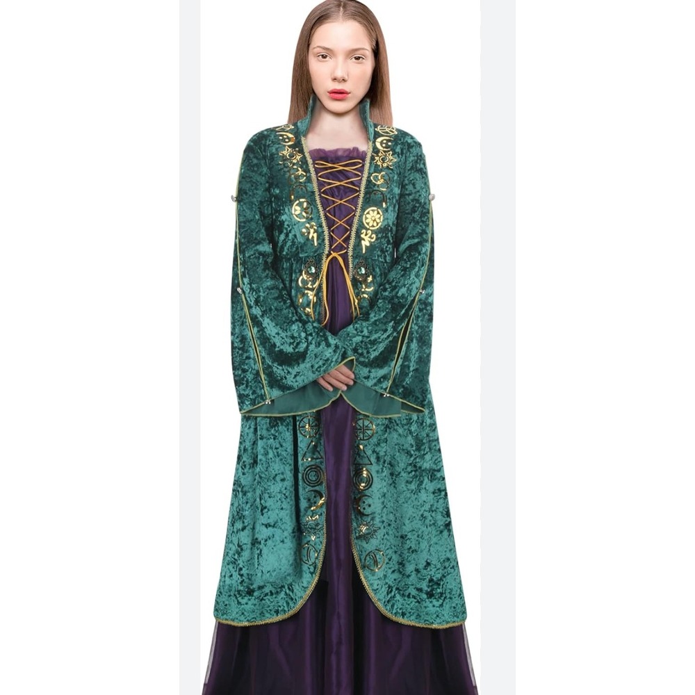 Hocus pocus winifred Emerald Green gold Velvet Cosplay Costume Dress‎ Celestial